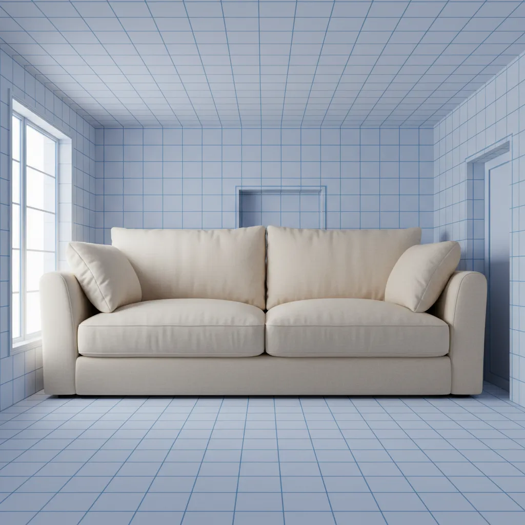 giant oversized sofa model imported into small room due to incorrect scale