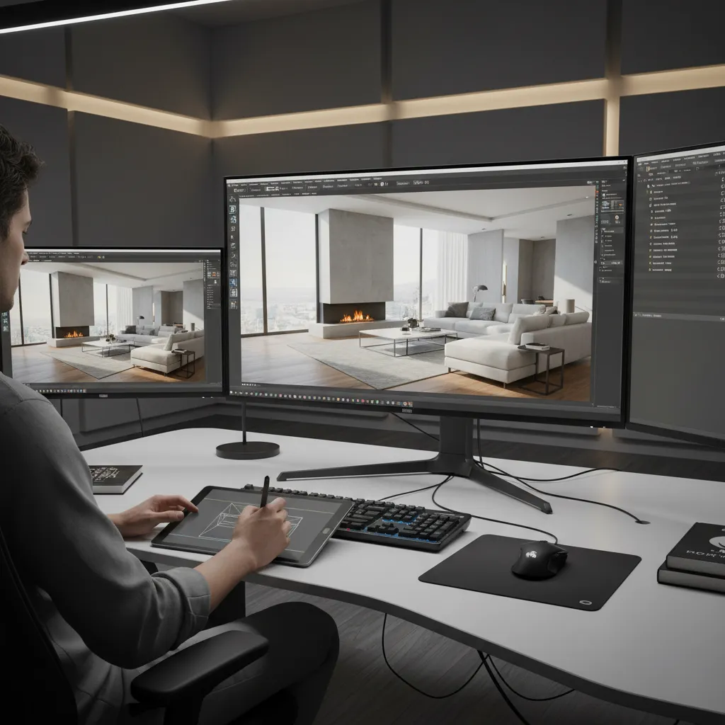 3D artist selecting models and placing them into a rendered interior scene