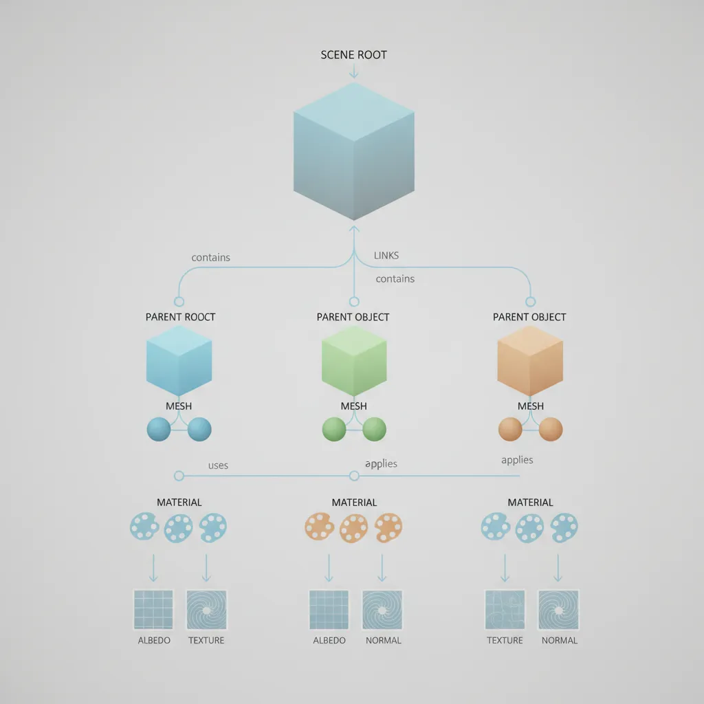 Diagram showing 3D model hierarchy including meshes materials and textures