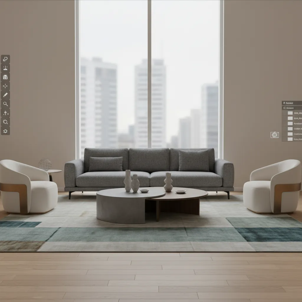 3D furniture model showing texture and material rendering inside design software