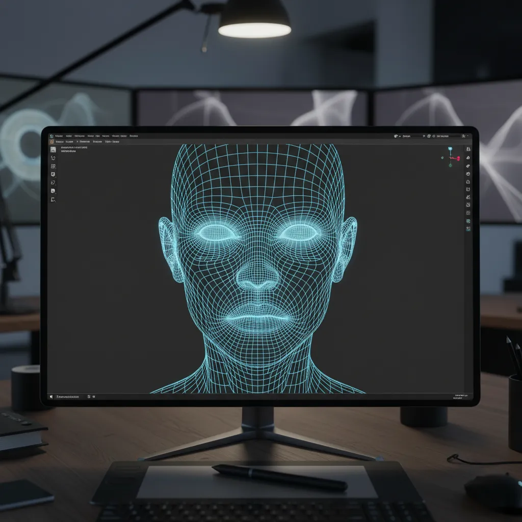close up view of clean 3D topology wireframe on a detailed model