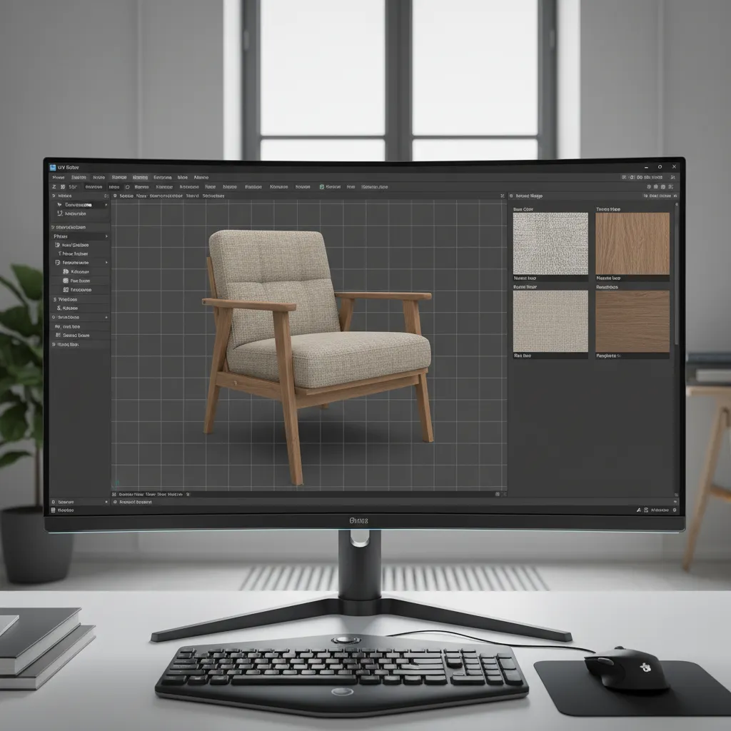 3D software UV layout with organized texture islands and PBR maps