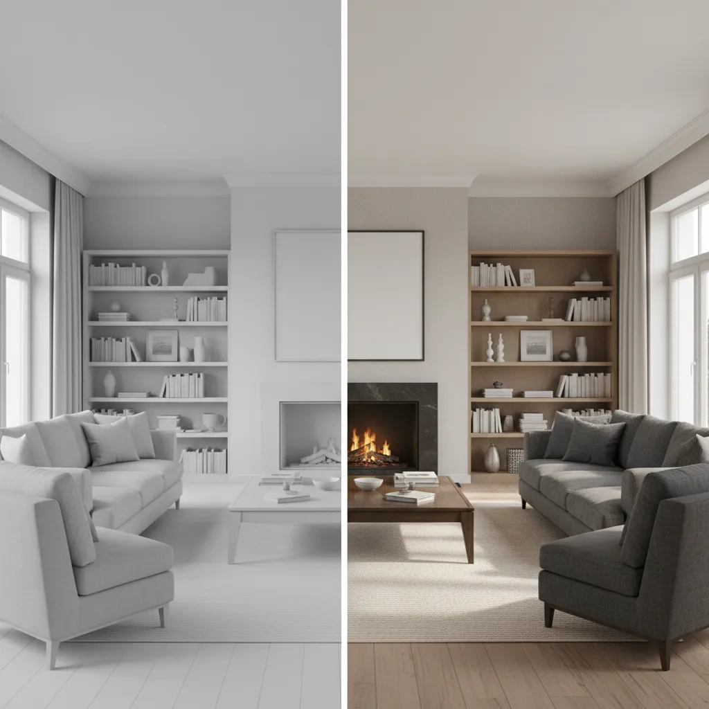 Comparison between basic 3D interior model and final photorealistic render