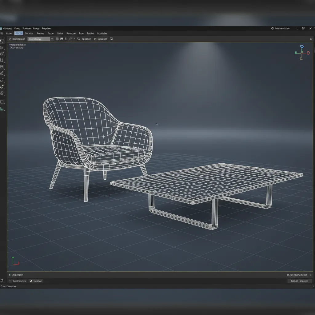 3D model wireframe preview showing topology of furniture asset