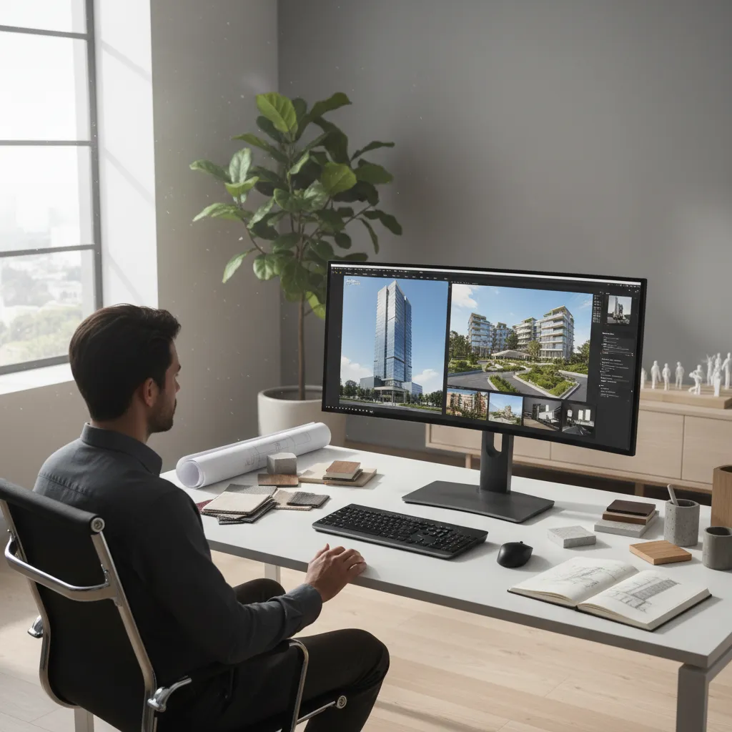 creative professional reviewing architectural 3D modeling portfolio on computer screen