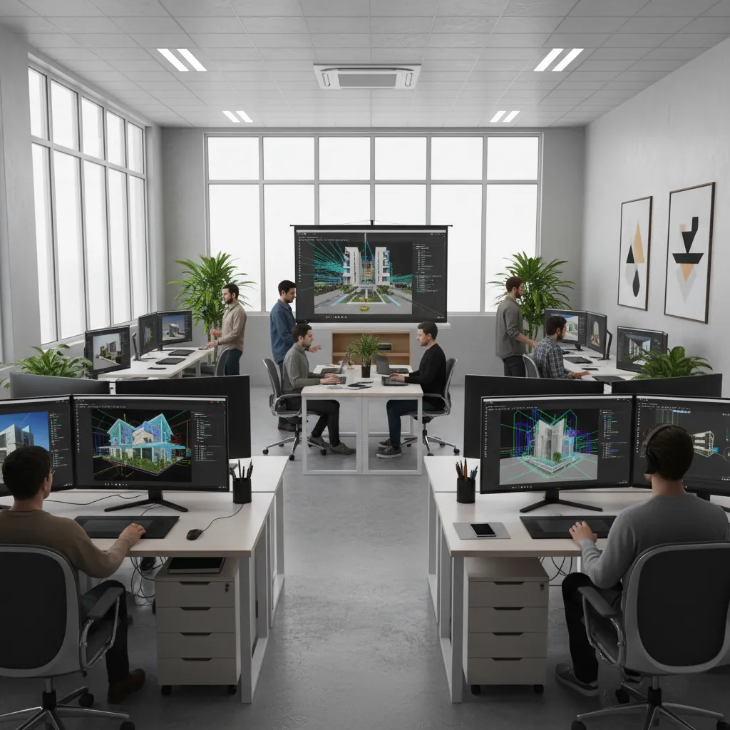 team of 3D artists collaborating in a professional modeling studio