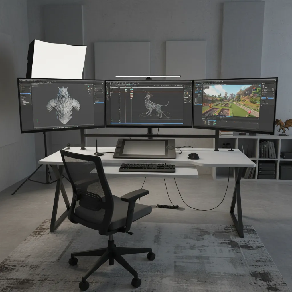 Professional workspace with three monitors showing design software on white desk with black office chair