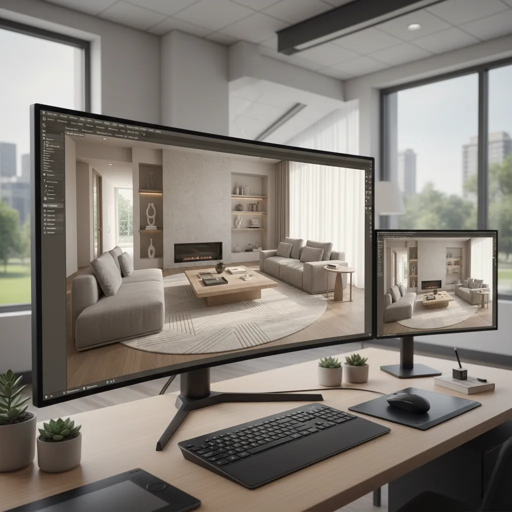 Architectural visualization 3D model of a modern living room in rendering software