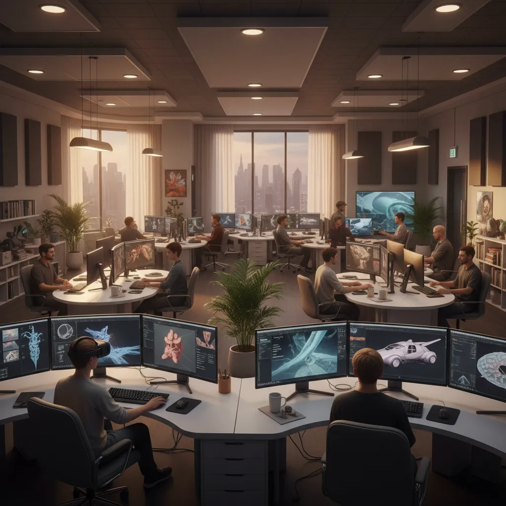 Designers working on interior design drawings at white curved desks inside a large open office