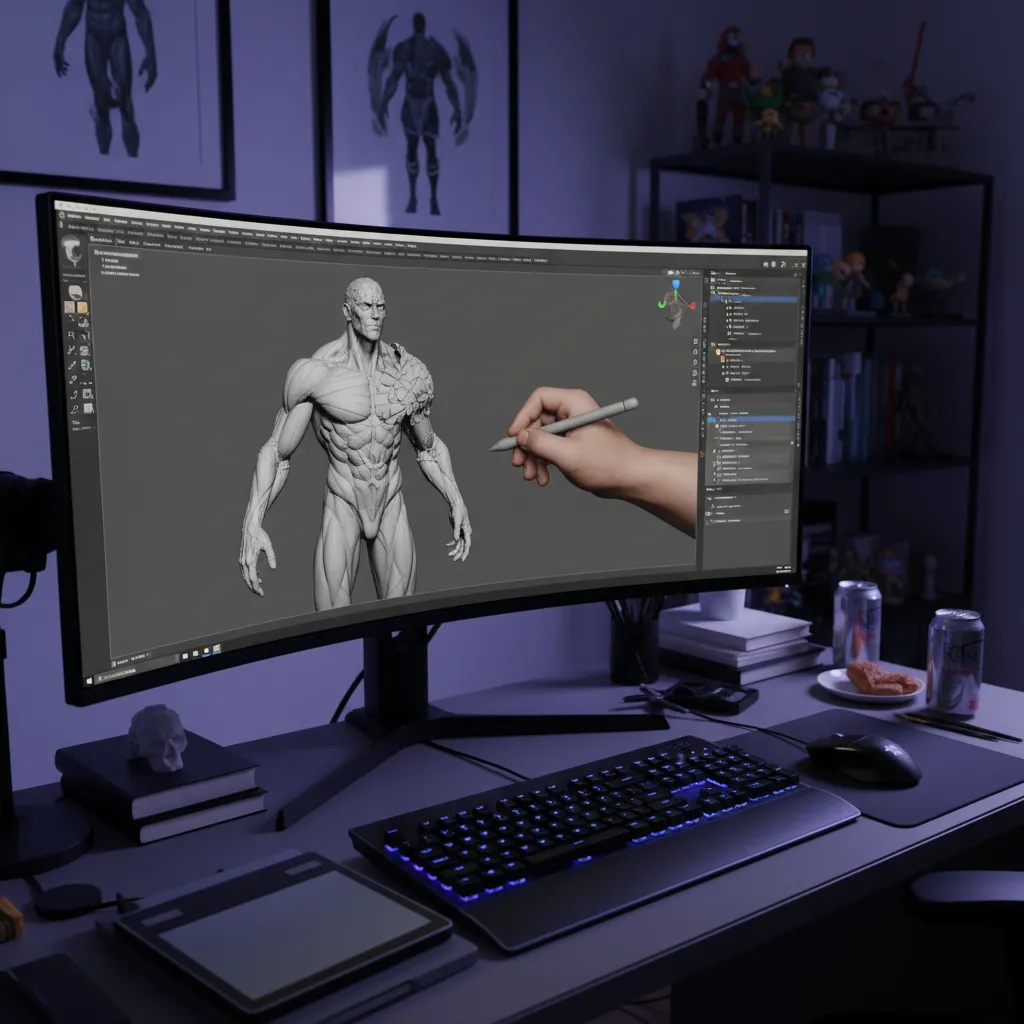 Game developer creating a 3D character model on a workstation