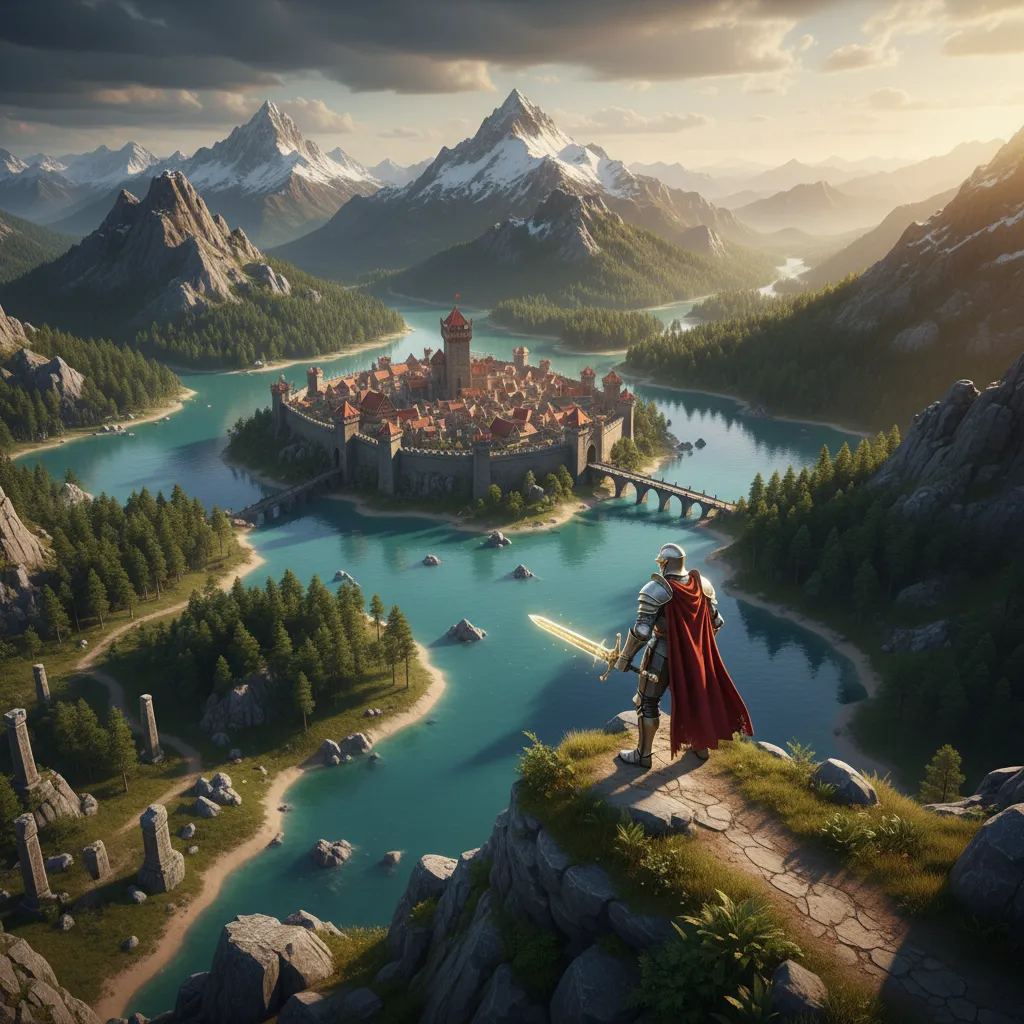 3D modeled fantasy game environment with character and terrain assets