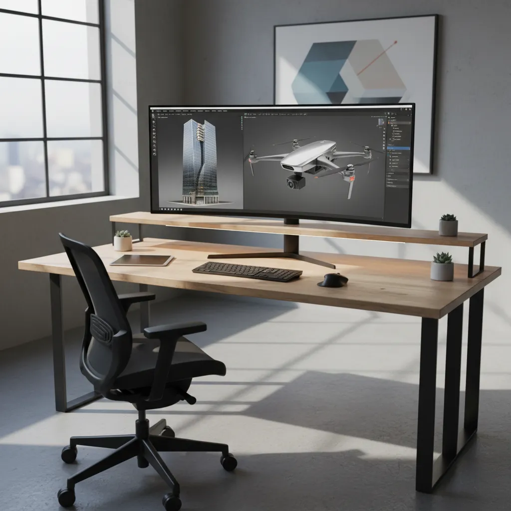designer working on computer with multiple 3D models including architecture and product design