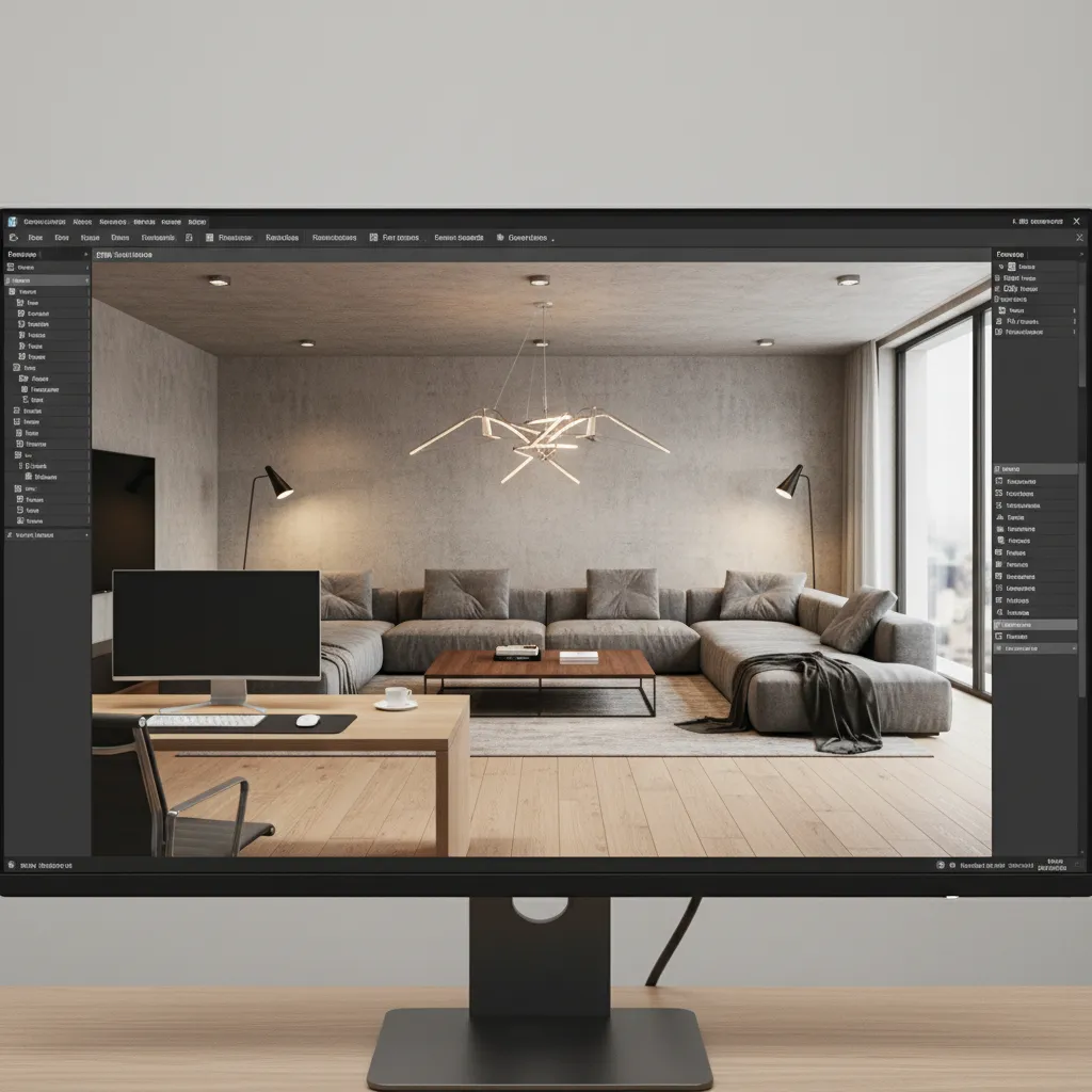 computer screen displaying 3D modeled living room with furniture and lighting simulation