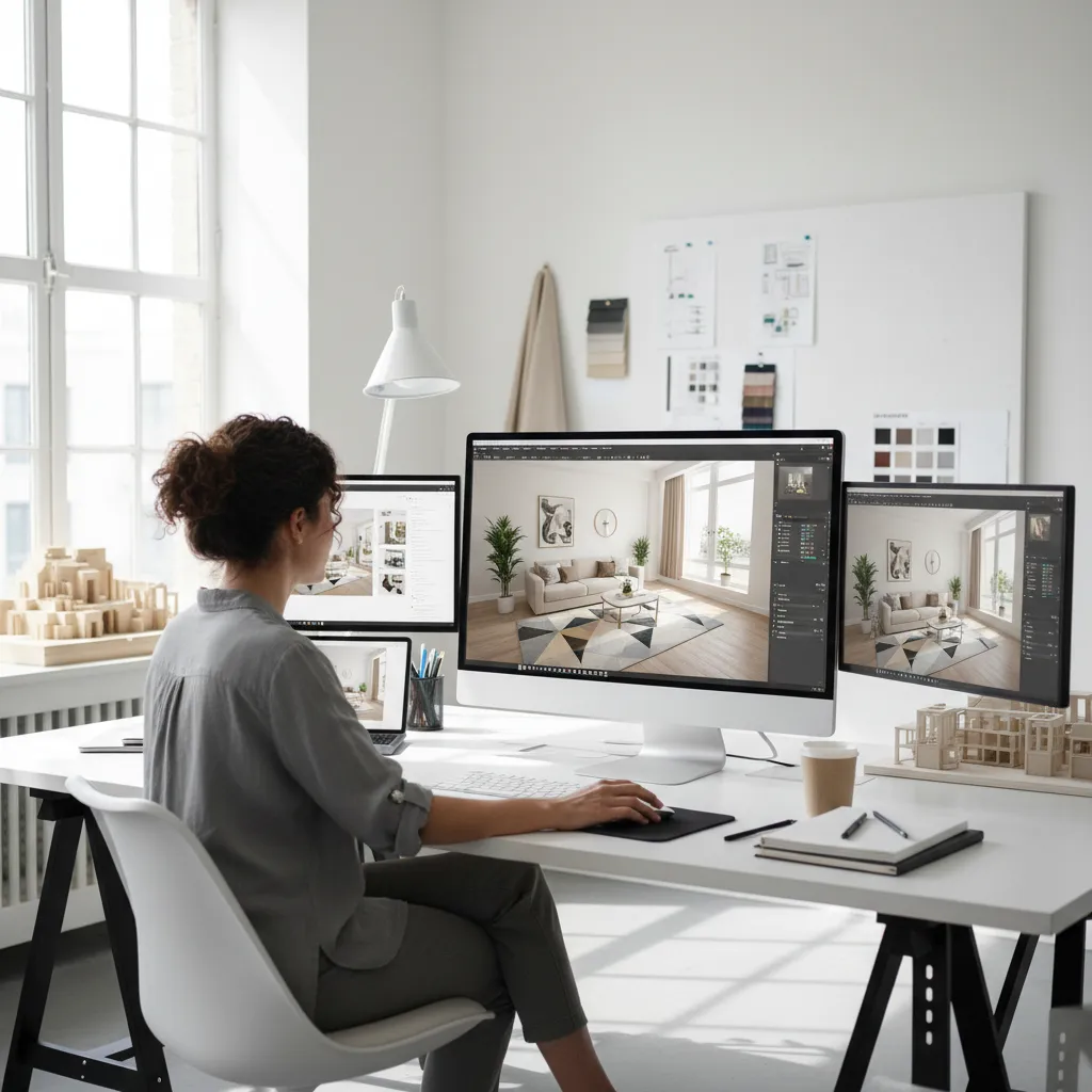Interior designer creating a digital room model using 3D modeling software