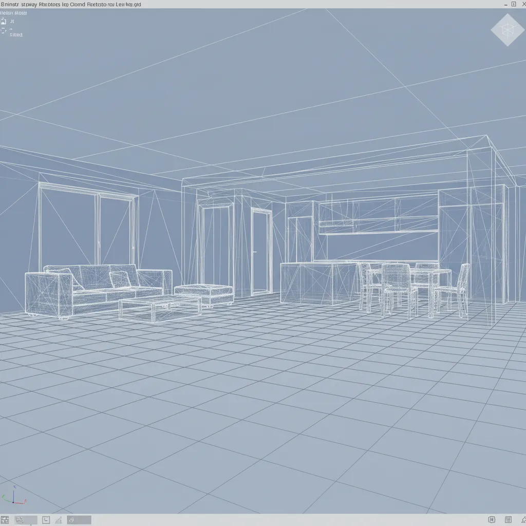 wireframe view of architectural 3D model showing room layout and geometry