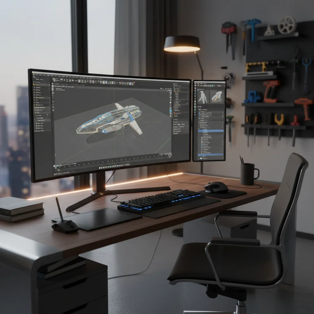 designer creating a 3D model on computer with modeling software open