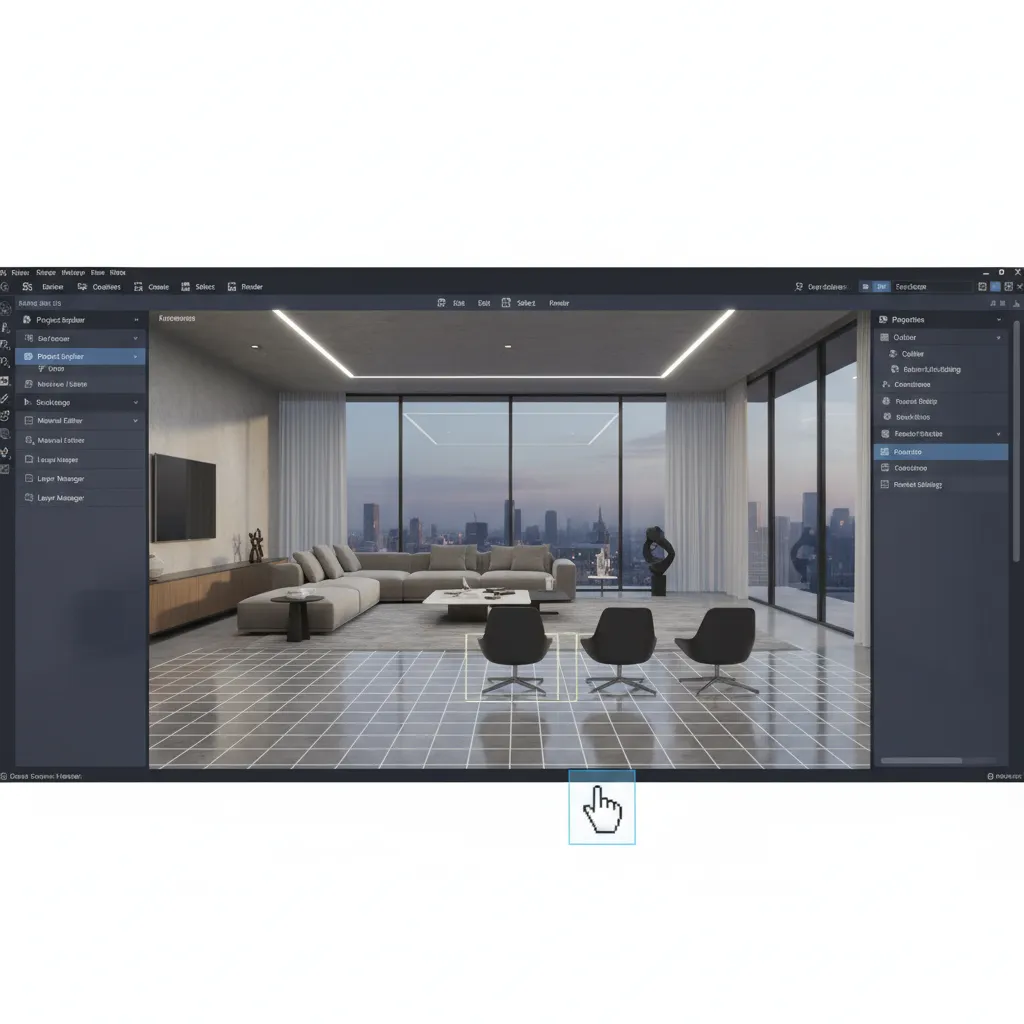 3D modeling workspace showing object selection on a furniture scene
