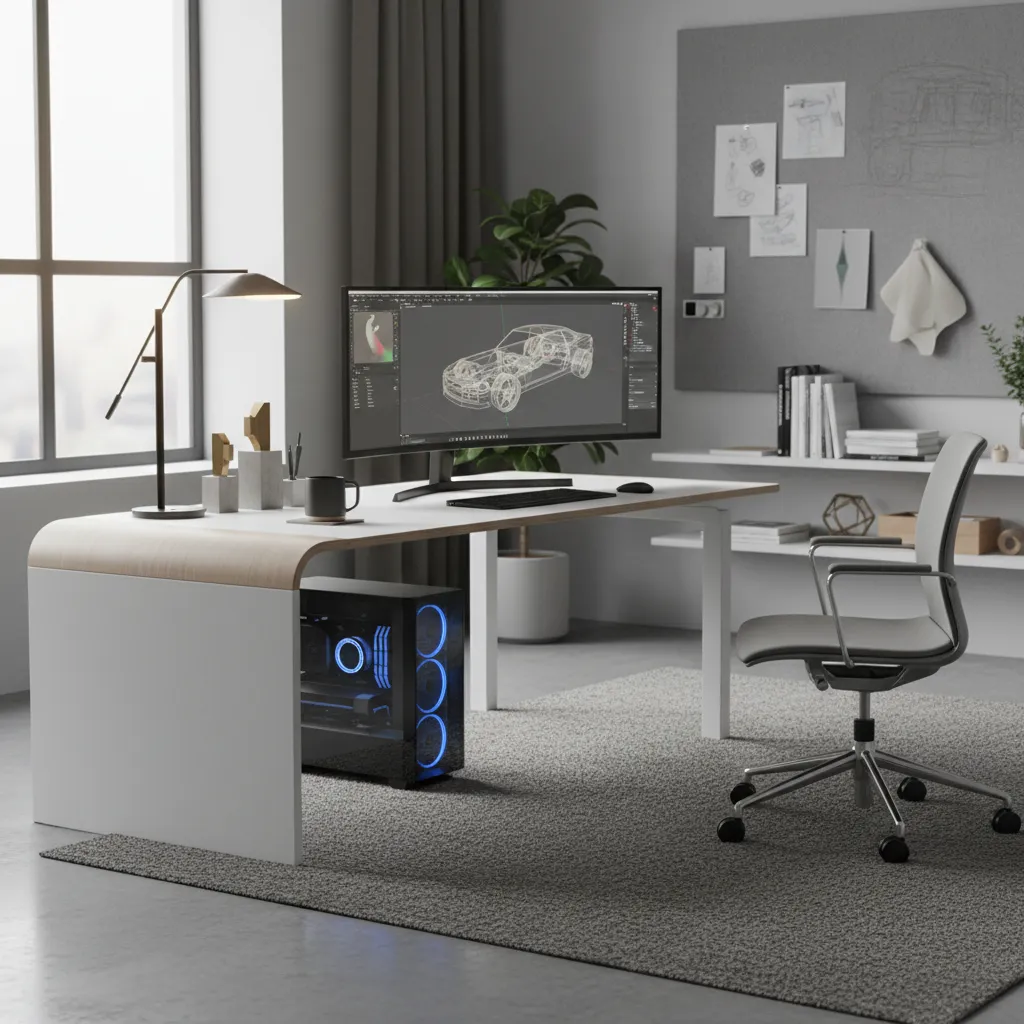 designer practicing 3D modeling with reference objects on desk