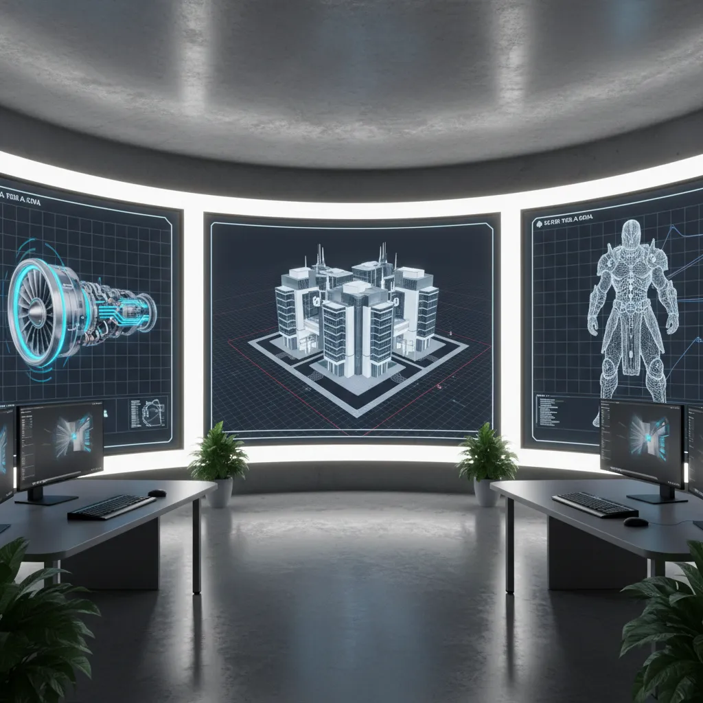 Examples of 3D models including product design, game assets, and architecture