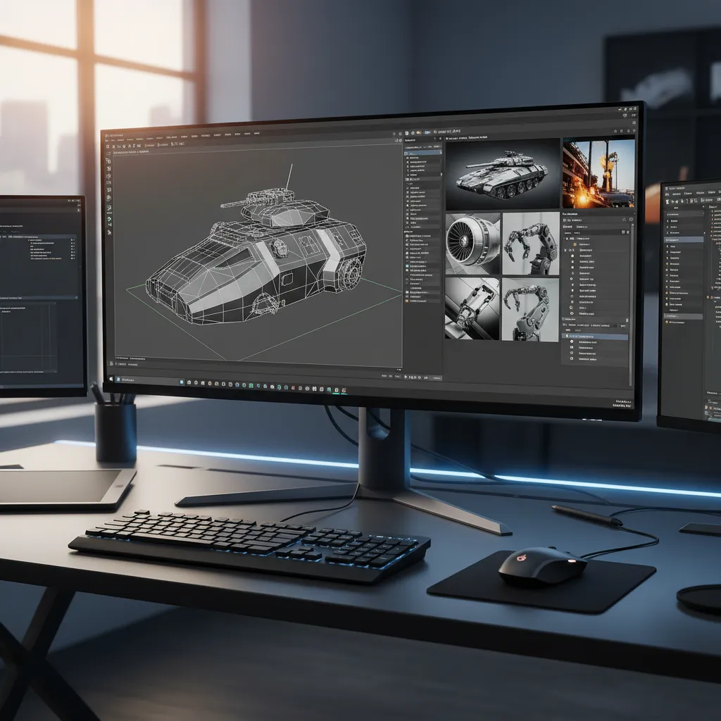 3D modeling software with reference images placed beside a modeling viewport