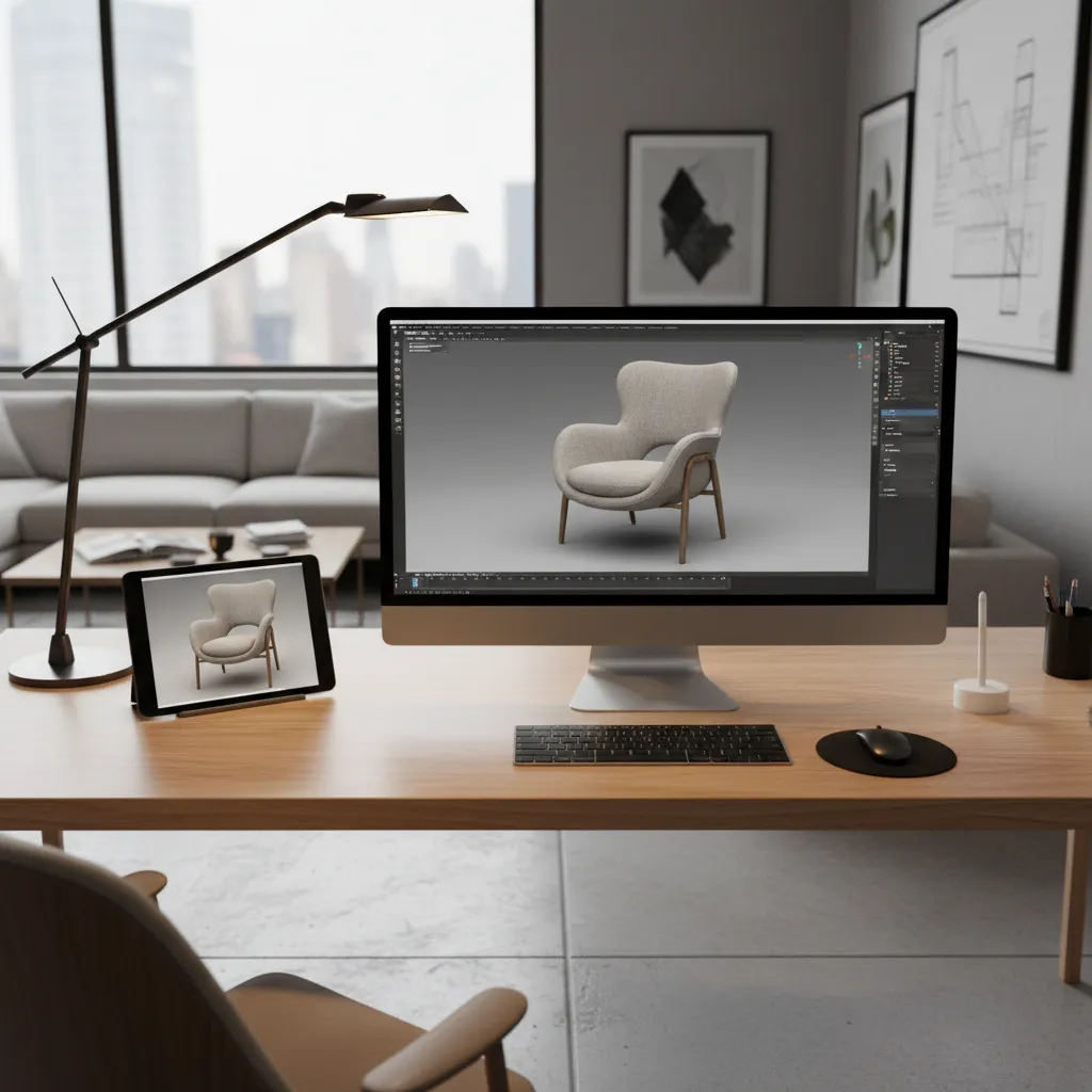 Designer studying real furniture reference while modeling in 3D