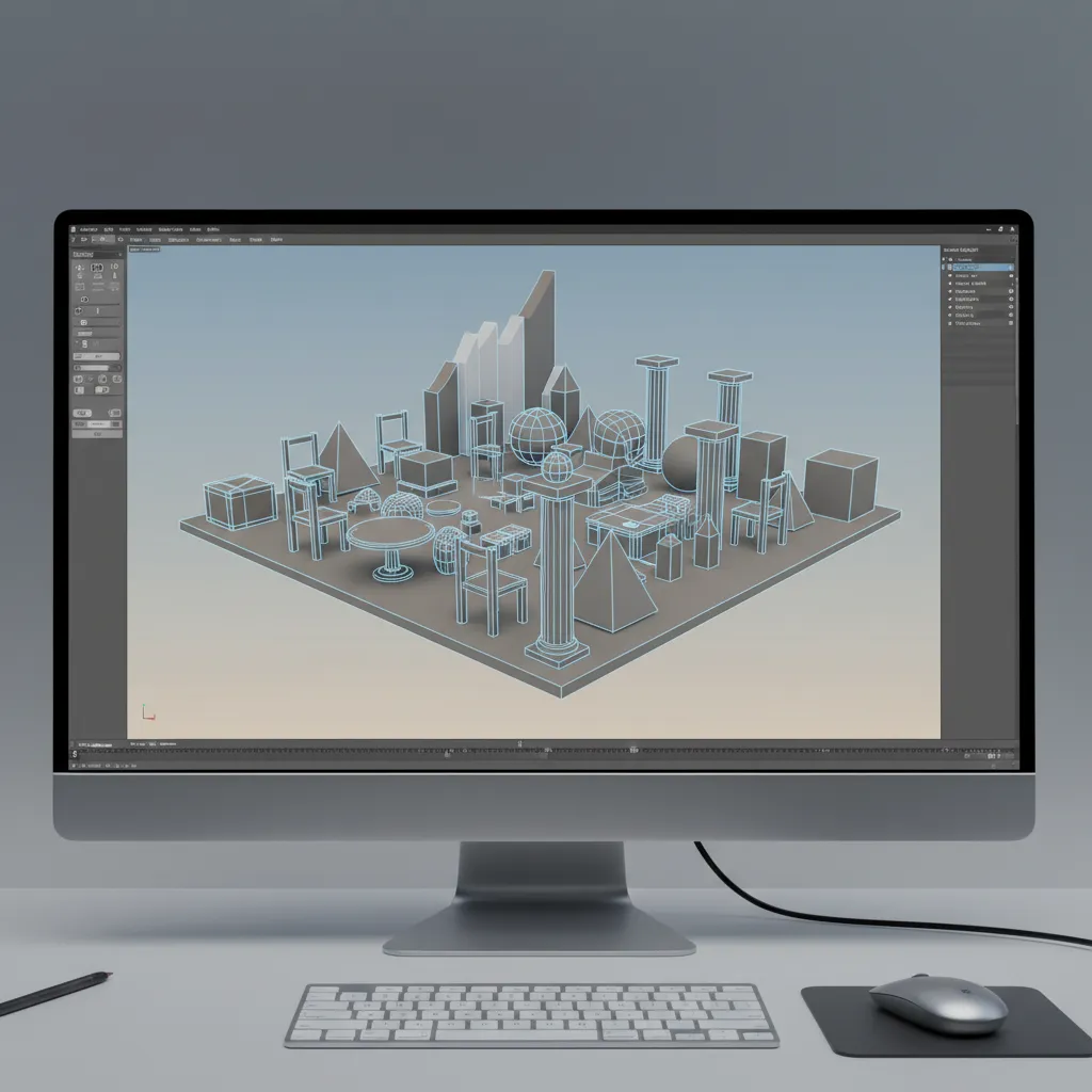3D modeling workspace showing multiple objects ready for selection