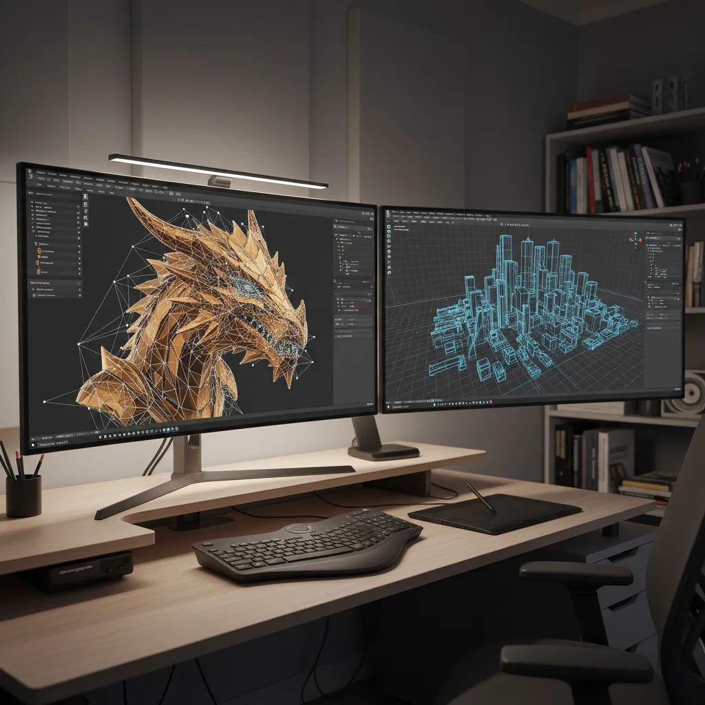Side by side comparison of different 3D modeling workflows on screens