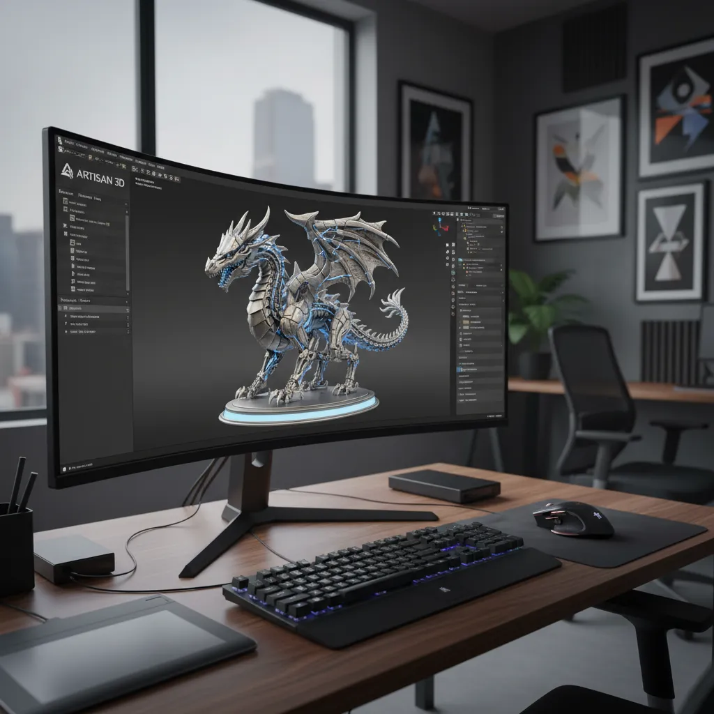 Designer working in 3D modeling software interface creating a complex object