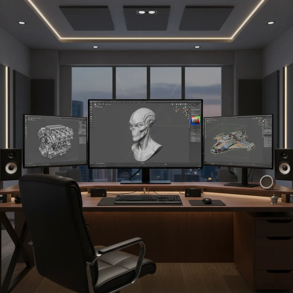 Comparison concept of Blender FreeCAD and Wings3D modeling interfaces