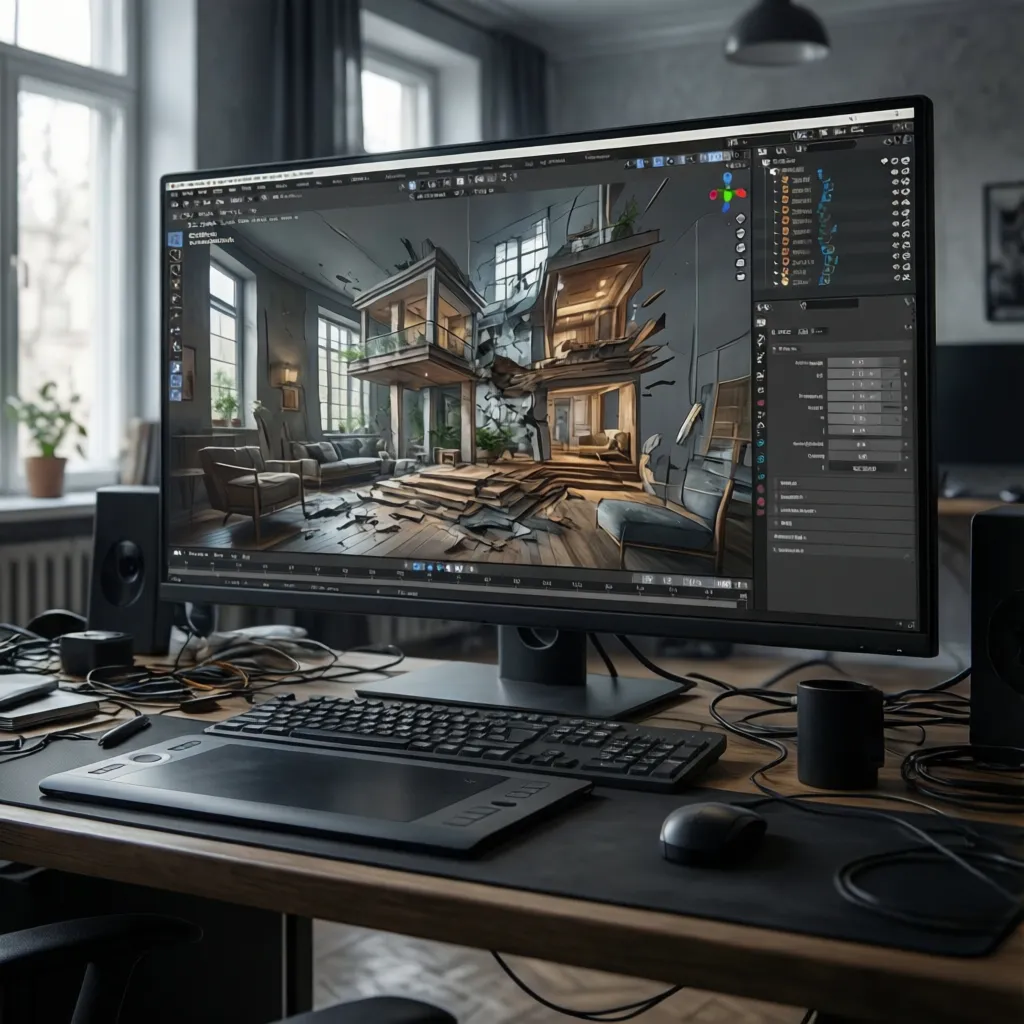 Designer working with 3D modeling software on a large monitor