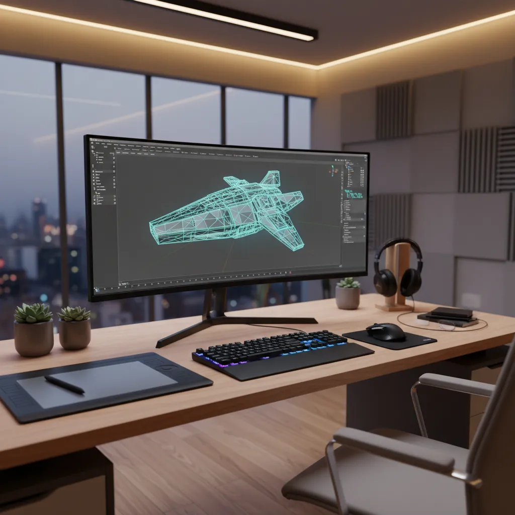 3D modeling software displayed on a desktop workstation with complex model in viewport