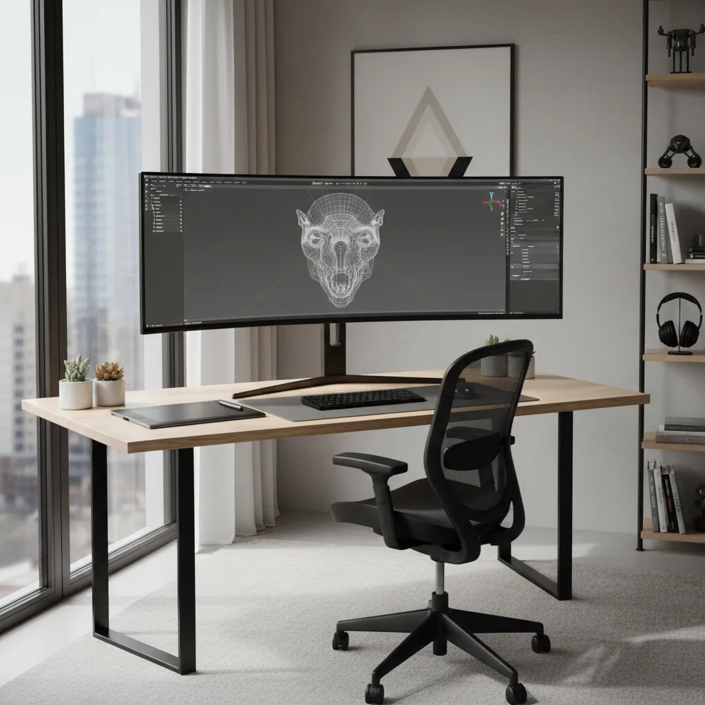 Designer working on a 3D modeling project on a computer with modeling software visible