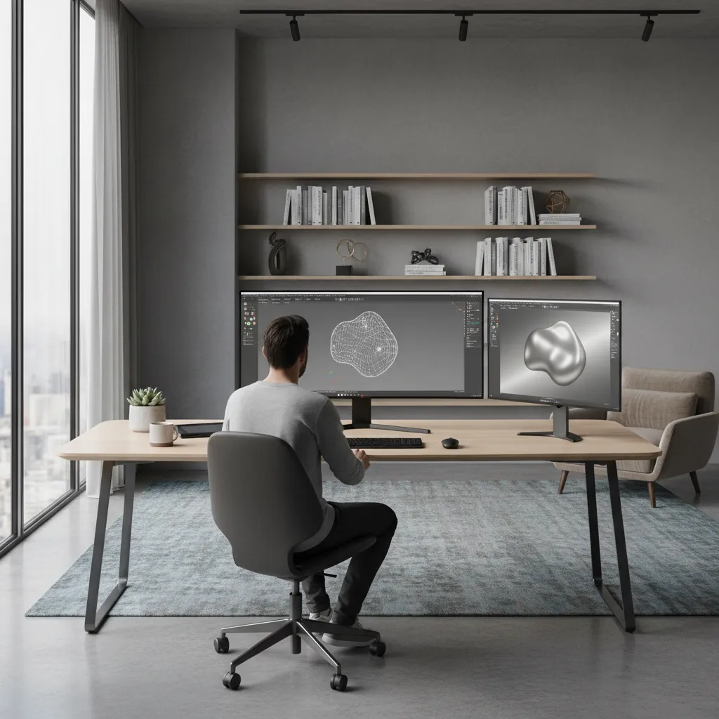 Designer working on 3D modeling software on a desktop computer