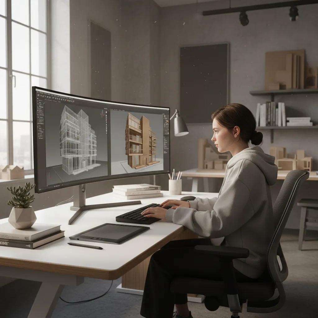 A female student using interior design software on a curved monitor to create building models