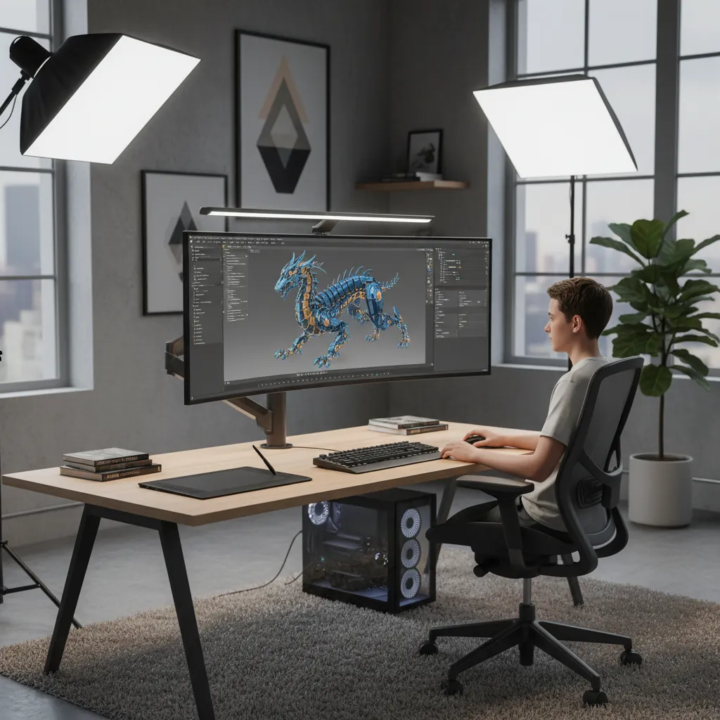 Student sitting at desk designing 3D dragon on a large wide curved computer screen monitor