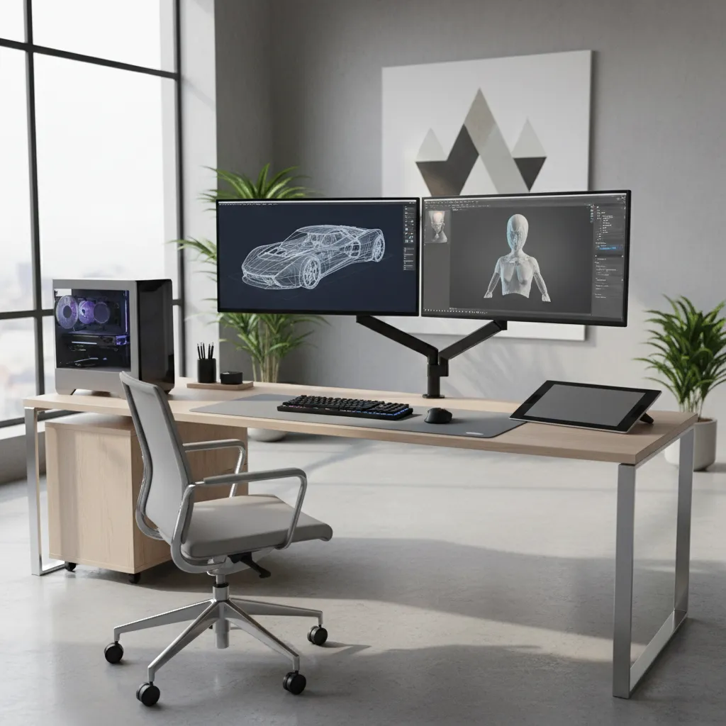 Student practicing 3D modeling on a dual monitor workstation with wireframe models visible