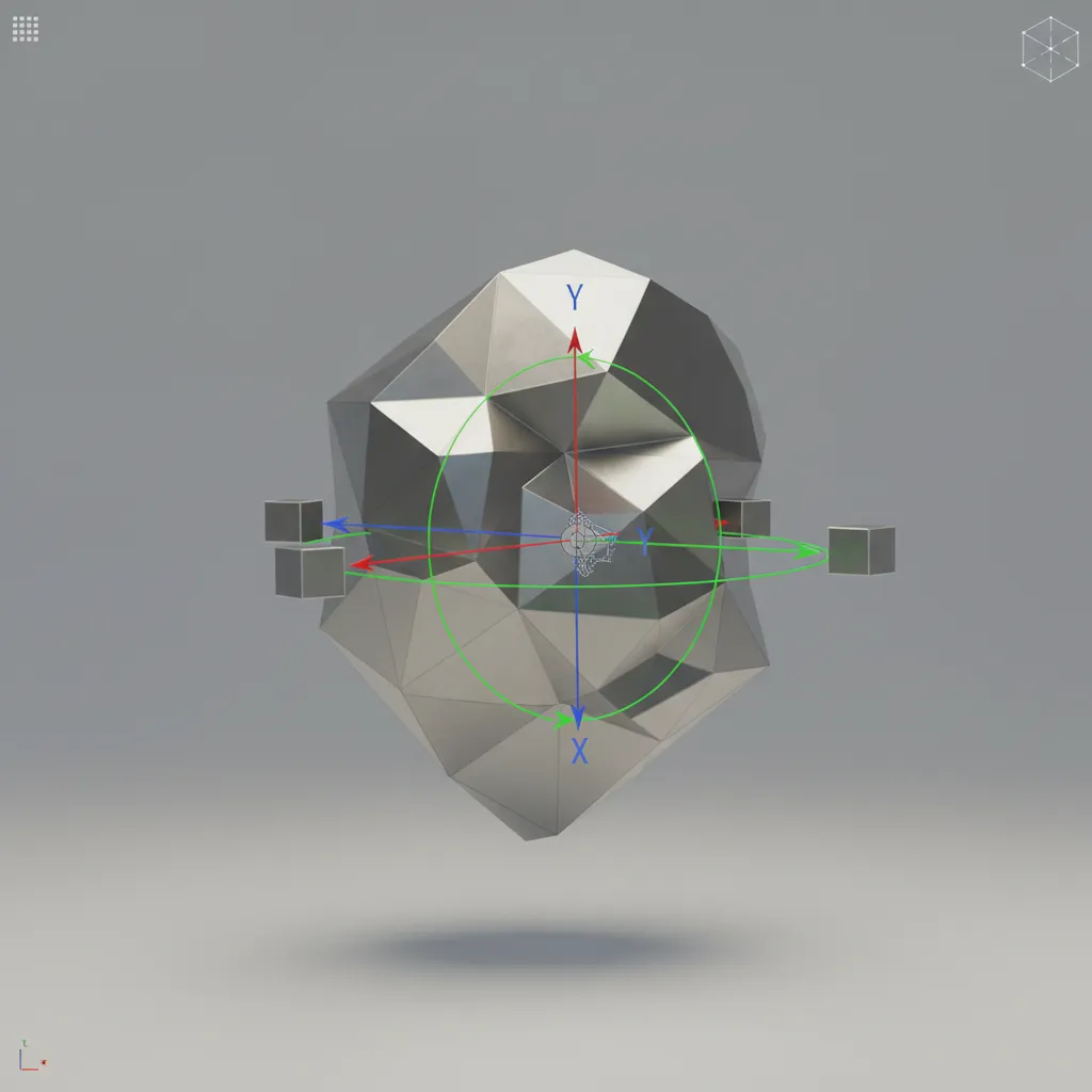 visual concept of 3D transformation axes and object rotation in modeling software