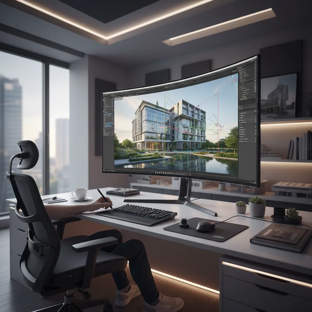 3D modeling software viewport showing a detailed architectural scene being edited