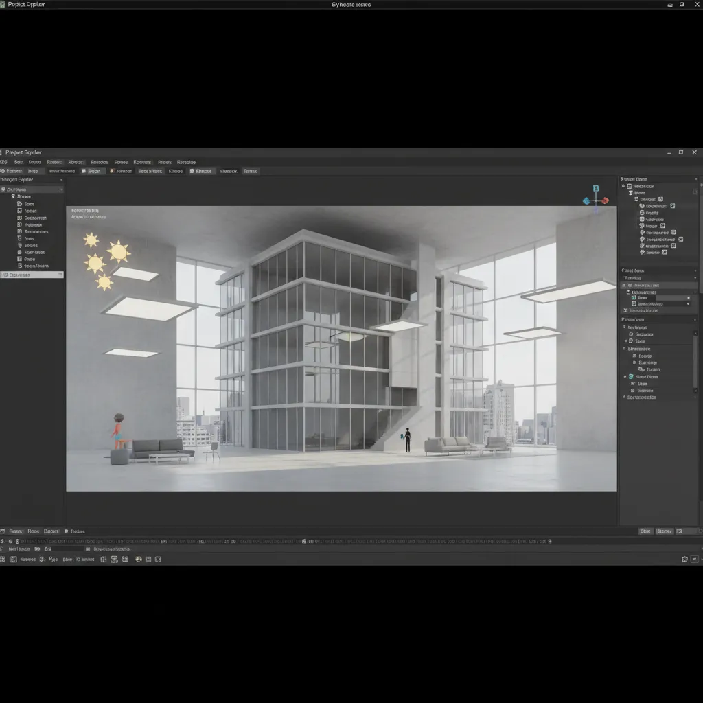 Complex 3D modeling scene with multiple architectural objects in viewport