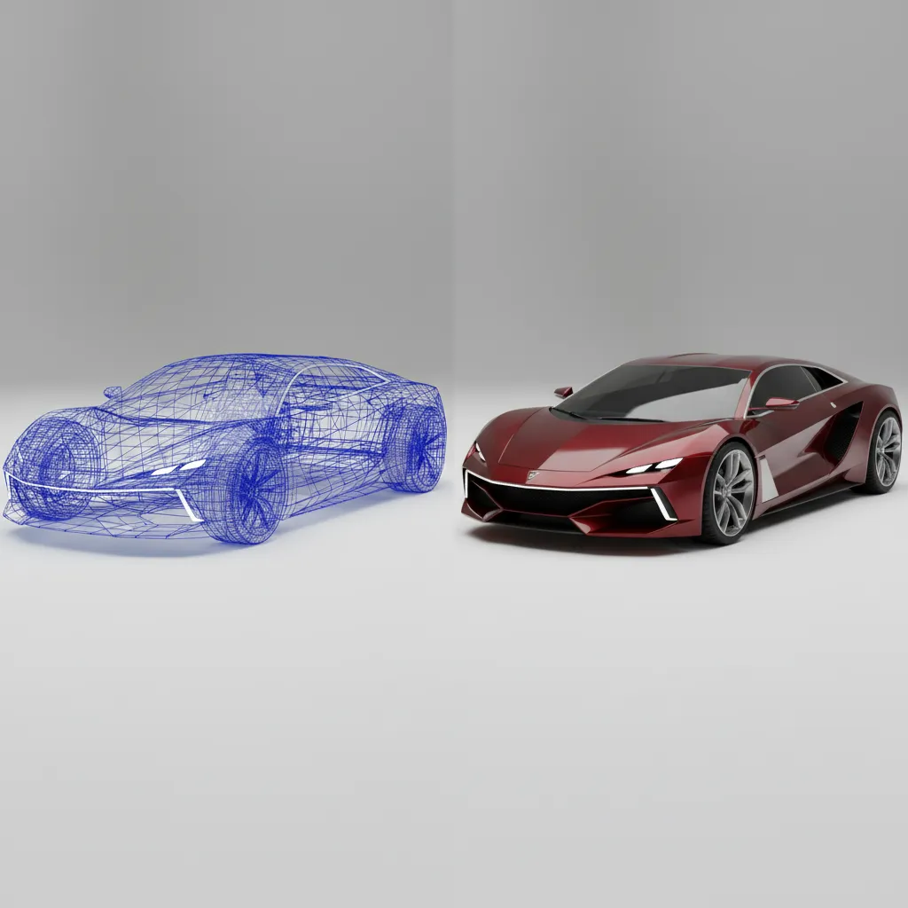 Comparison of 3D wireframe model and final rendered object