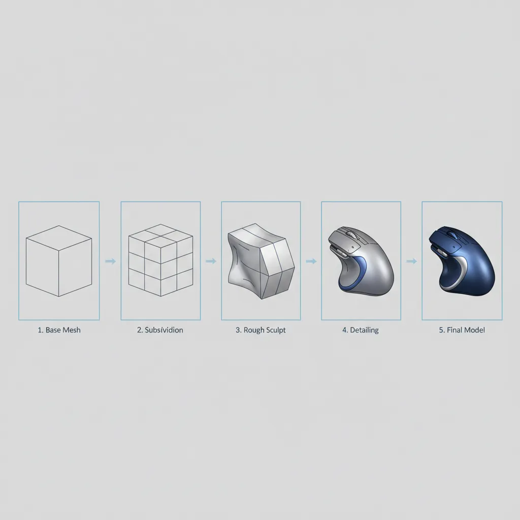 visual workflow showing modeling steps from basic mesh to detailed 3D object