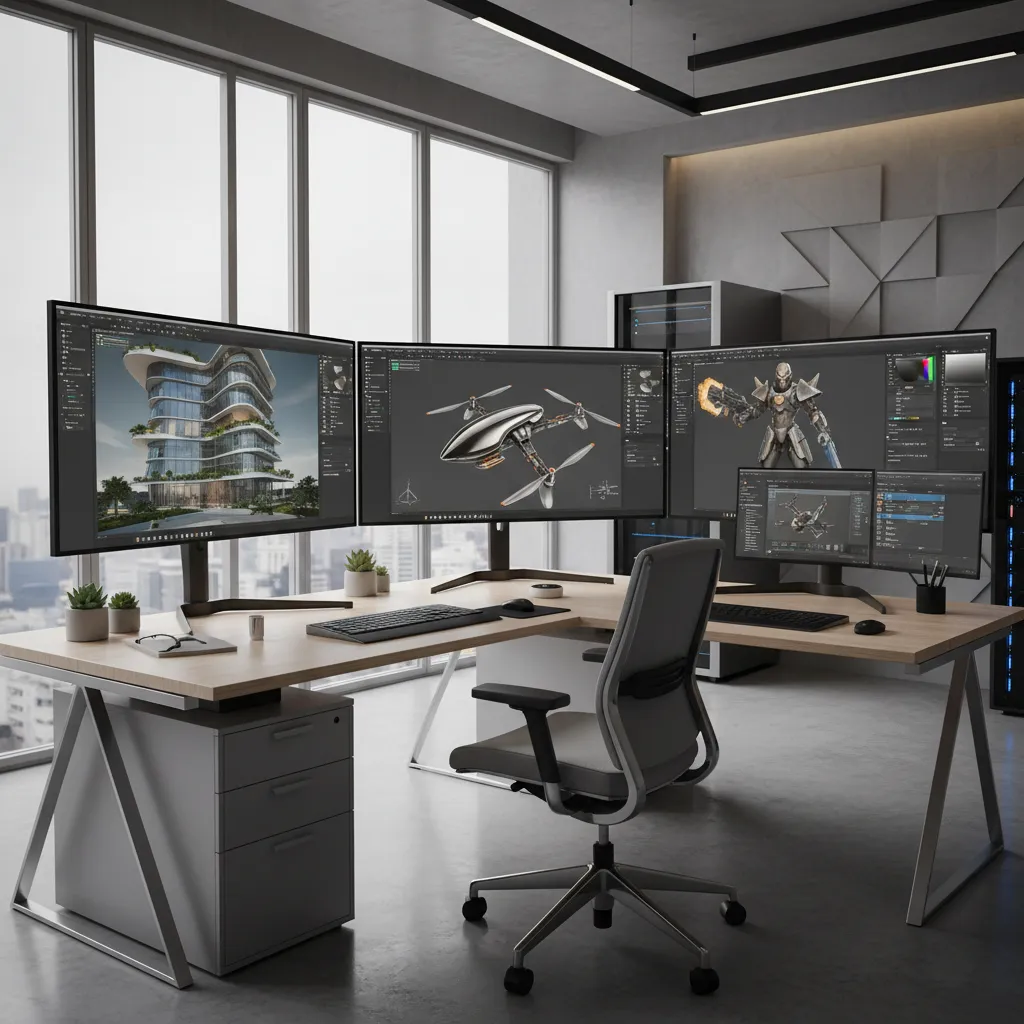 Designer reviewing different 3D models for architecture product design and animation on multiple screens