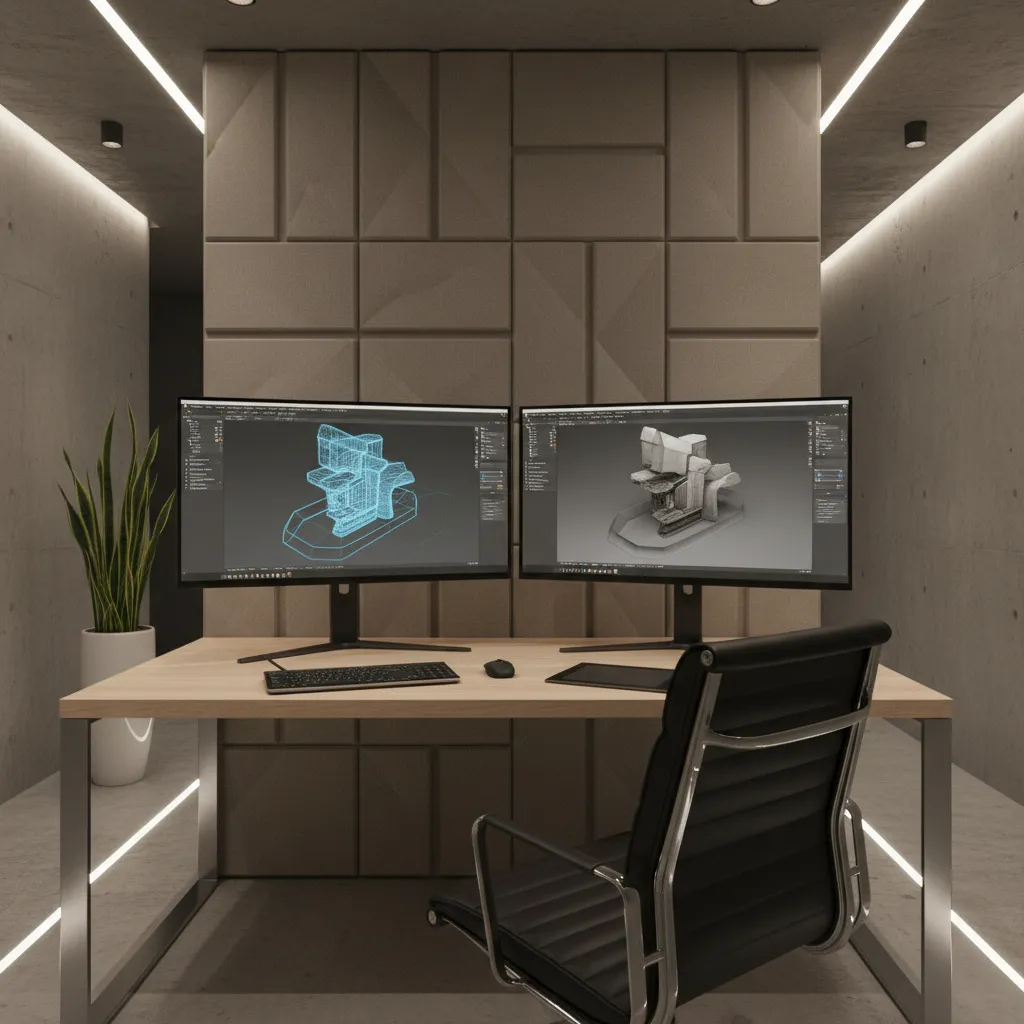 Professional 3D modeling workspace with software interface and object modeling in progress