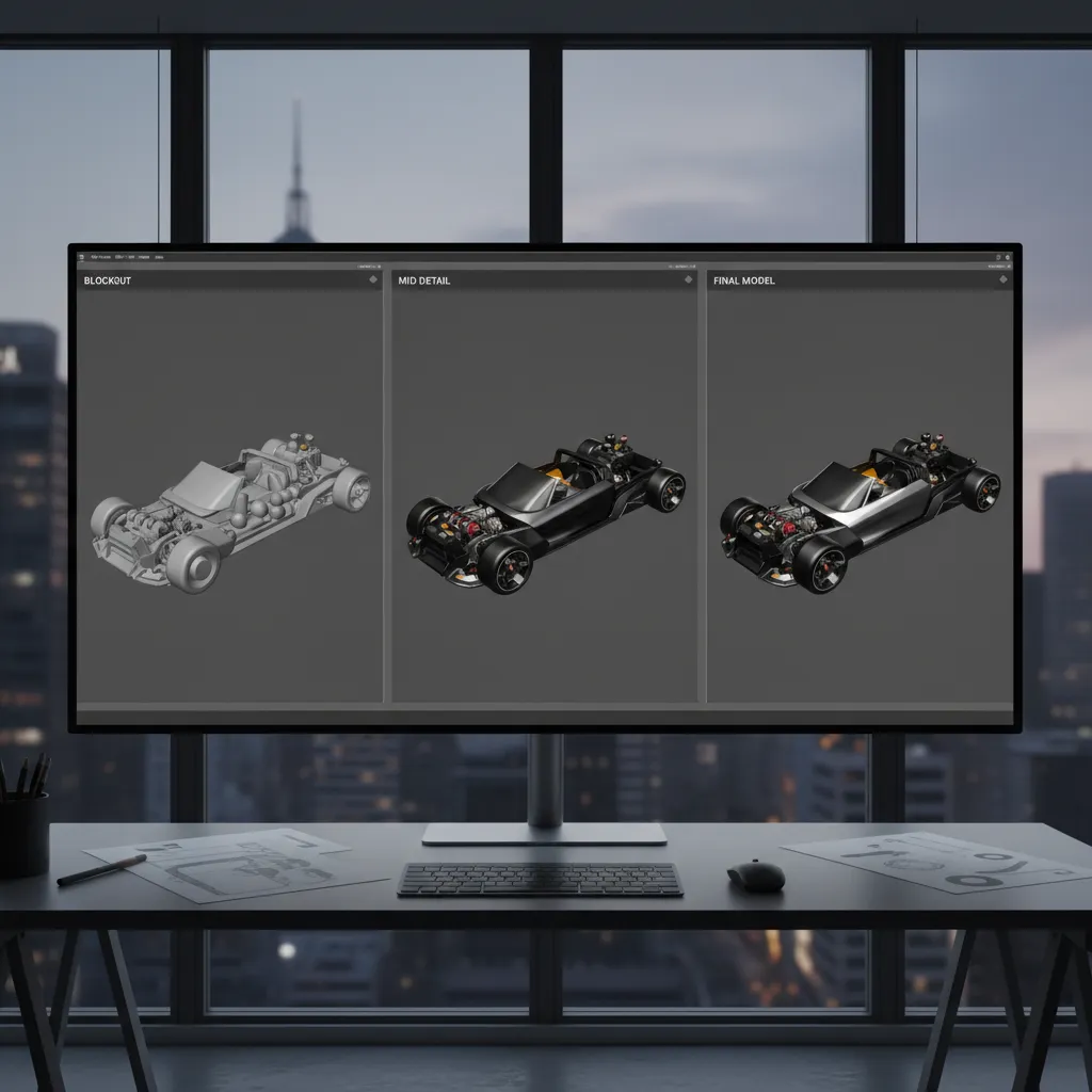 visual diagram showing stages of 3D modeling workflow from blockout to final model