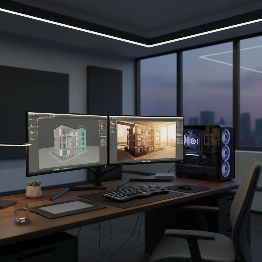3d artist working on architectural model and lighting setup on dual monitors