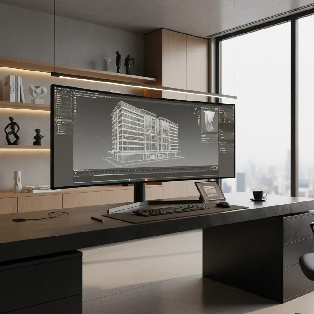 Professional designer working on a complex 3D model at a modern workstation