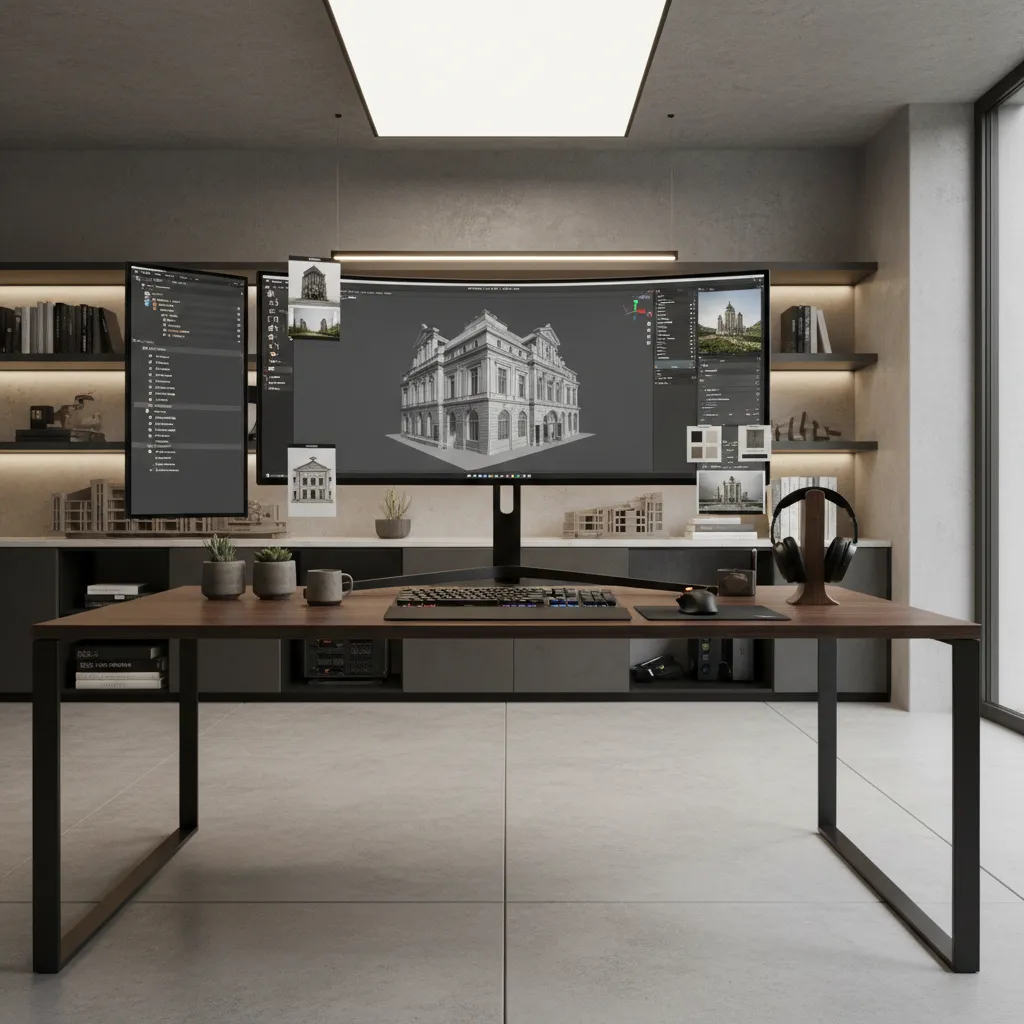 3D artist workspace with modeling software and reference images