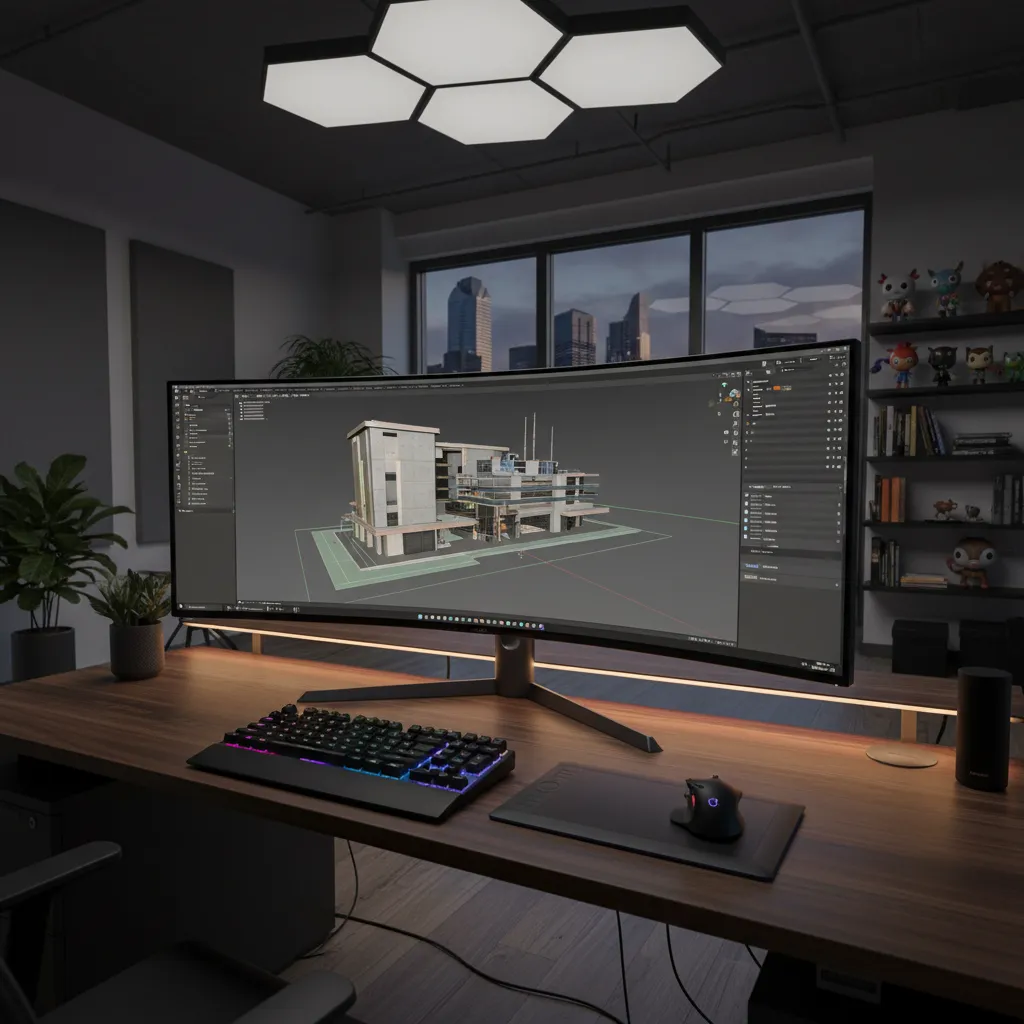 Professional 3D modeling workstation with modeling software showing a complex object