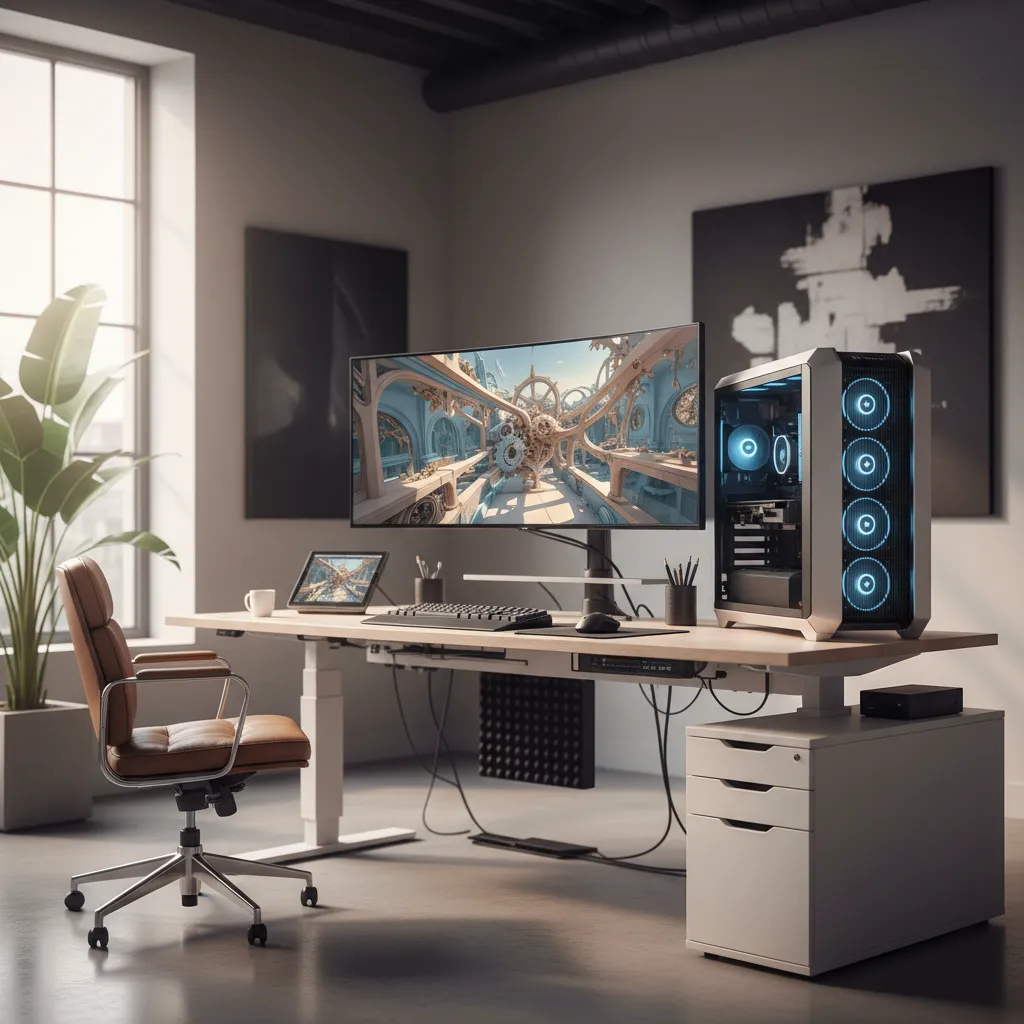 High performance workstation setup for 3D modeling with GPU workstation and large monitor
