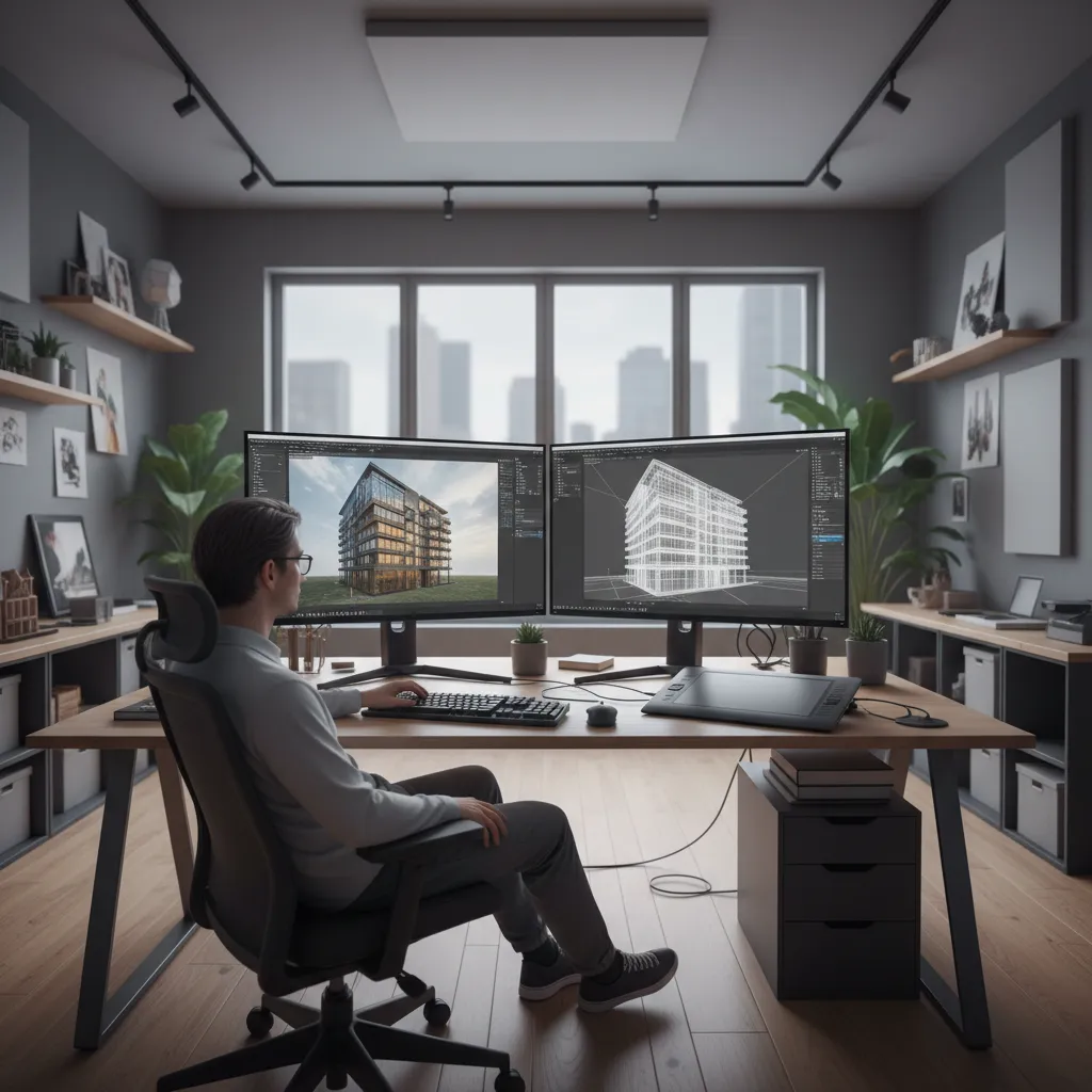 3D artist working at computer creating models for games film and design industries